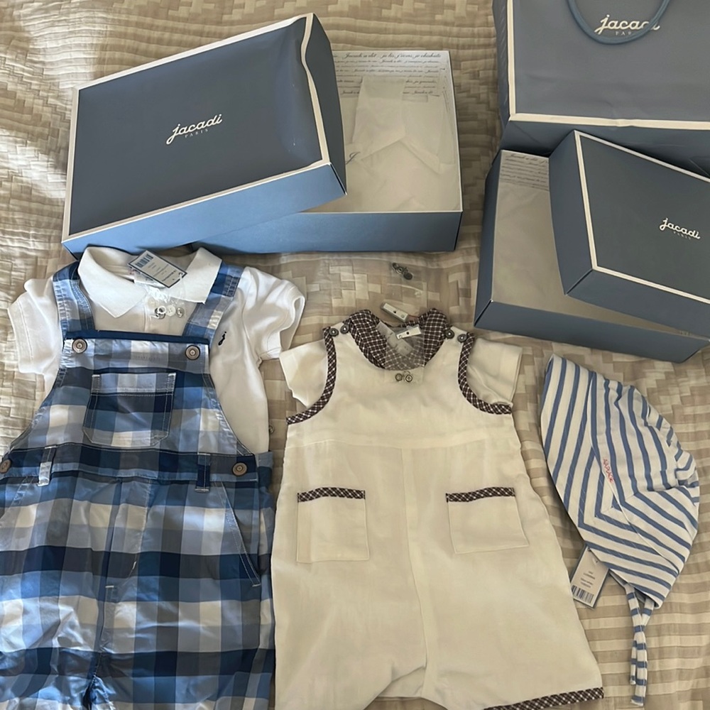 NWT Jacardi Paris lot 3m 18m polo shirts, overalls, hat, romper blue white brown